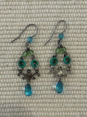 Turquoise and Green Glass Drop Filigree Earrings